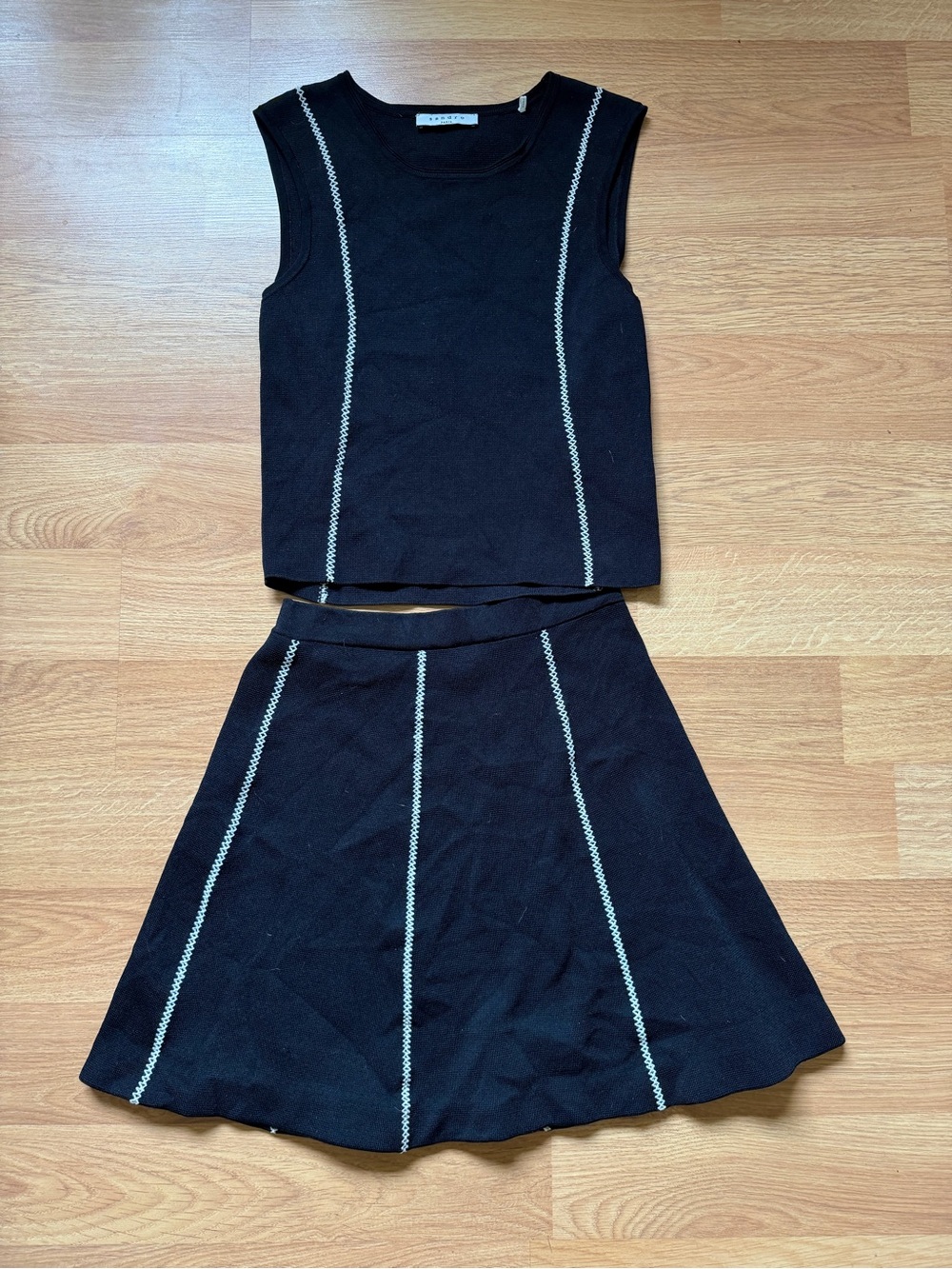 Sandro Black Knit Two-Piece Skirt Set with White Contrast Stitching